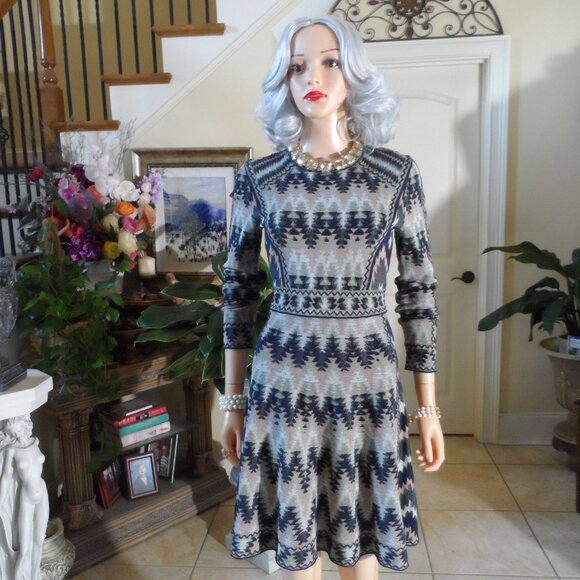 M Missoni Black-Pink Multi Zig-Zag Print Fit & Flare Long Sleeves Dress Size 4 - Picture 2 of 16